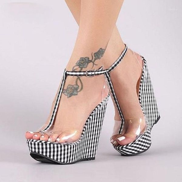 

fashion gingham thick bottoms wedge sandals femme ankle buckle strap platform high heels pvc transparent women shoes dress1, Black
