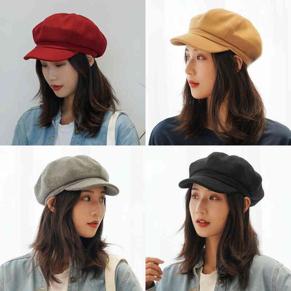

brand caps hat female autumn and winter british painter octagonal hat net red versatile korean street tide duck tongue beret, Blue;gray