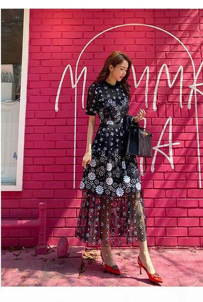 

a line lace crew new runway summer dress women short sleeve embroidery floral mesh long dress 2020 vintage ruffles party dress, Black;gray