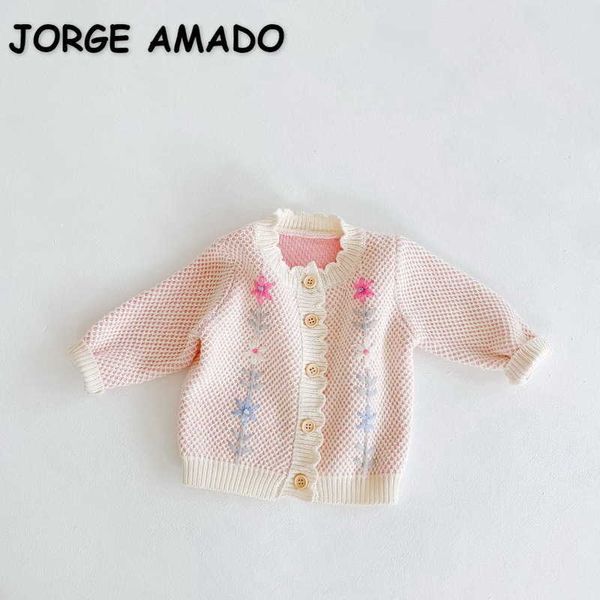 Frühling Baby Mädchen Pullover Lange Ärmel Rosa Offener Stich Gestickte Blumen Mantel Kinder Kleidung E3022 210610