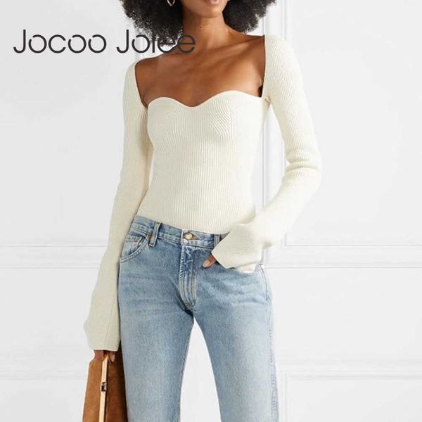 Jocoo Jolee Herbst Frauen Kaschmir Square Kragen Pullover Volle Hülse Elastische Hohe Taille Sexy Gestrickte Pullover Jumper 210619