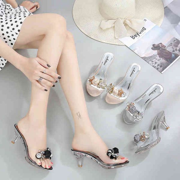 

sandals summer women slippers crystal flowers 6.5cm high heels mules slides lady transparent flip flop jelly shoes goju, Black