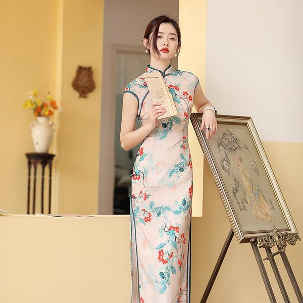 

ethnic clothing vintage long qipao print retro button chinese traditional dress slim evening party gown spring summer cheongsams prom, Red