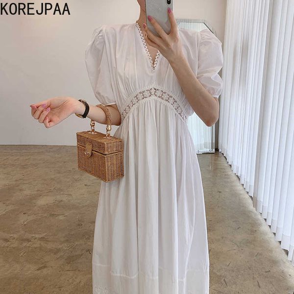 

korejpaa women dress summer niche temperament v-neck lace stitching hollow high waist pleated loose lantern sleeve vestidos 210526, Black;gray