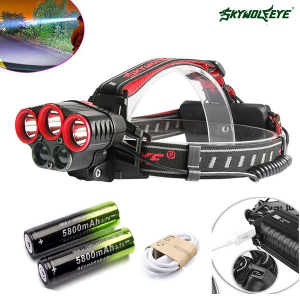 

50000 lumens 5x xml t6 led usb headlight super bright 4 modes lamp with 2 x 18650 battery
