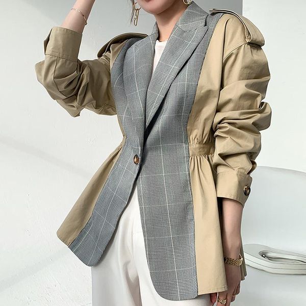 

women's suits & blazers [ewq] patchwotk palid blazer coat for female lapel collat long sleeve high waist slimming hit color tide khaki, White;black