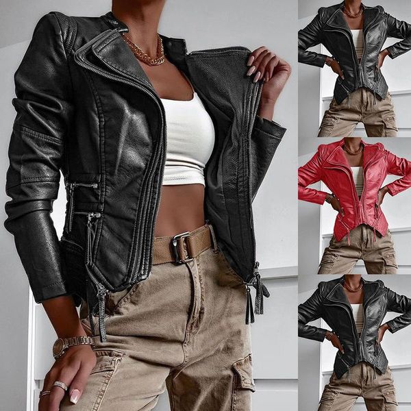 

women's jackets 2021 european and american pu leather short slim jacket zipper, Black;brown