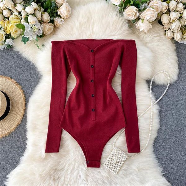 

casual slash neck long sleeve women romper bodysuit autumn single breasted playsuit red gray black knitted rompers fashion, Black;white