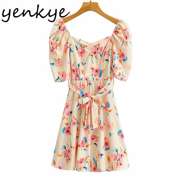 

new sweet summer 2021 women v neck sleeve floral print female sashes a-line mini vestido zke6, Black;gray