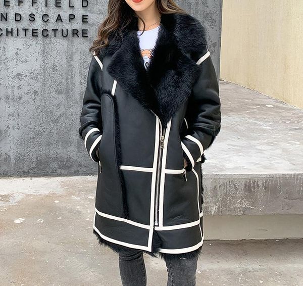 

women's fur & faux womens genuine sheep leather long coat with lining one 2021 fashion warm winter, Black