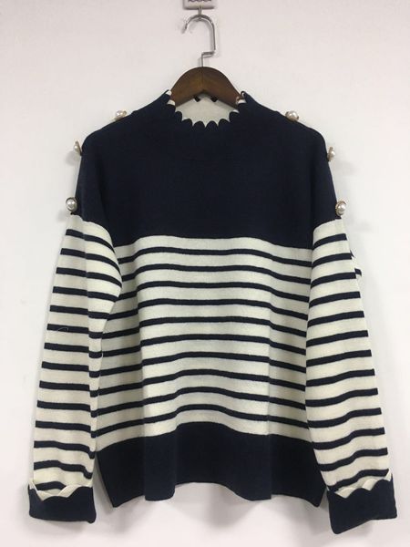 

female pullovers new wave black and white pearl elegant collar striped sweater k3gz, White;black