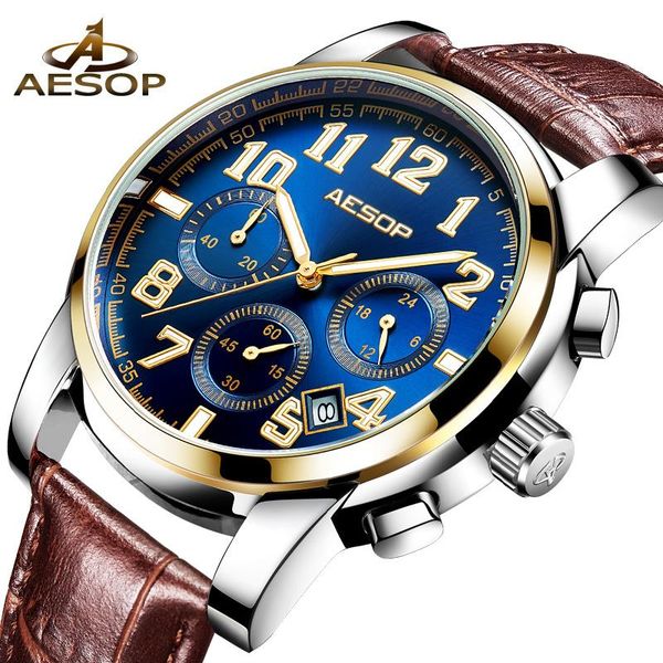 

wristwatches aesop brand sport men watch quartz wristwatch leather band male clock wrist shockproof waterproof relogio masculino saati, Slivery;brown