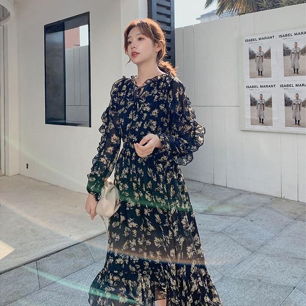 

casual dresses vintage lace up print women dress lrregular ruffles female long 2021 spring and autumn chiffon a-line vestidos femme, Black;gray
