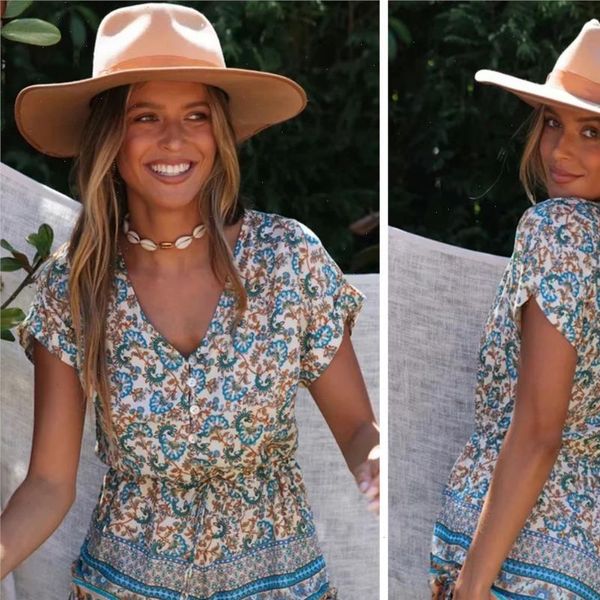 

hippie floral printed women playsuits beach casual rompers 2021 summer boho playsuit v neck short sleeve vintage jumpsuit, Black;white