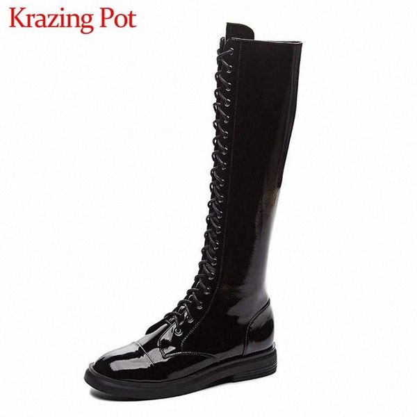 Krazing Pot Britischer Stil zum Schnüren, hübsche Ritterstiefel, solide runde Zehenpartie, Med-Absätze, Damen, Winter, warm halten, Oberschenkelhohe Stiefel L06 G4qI #