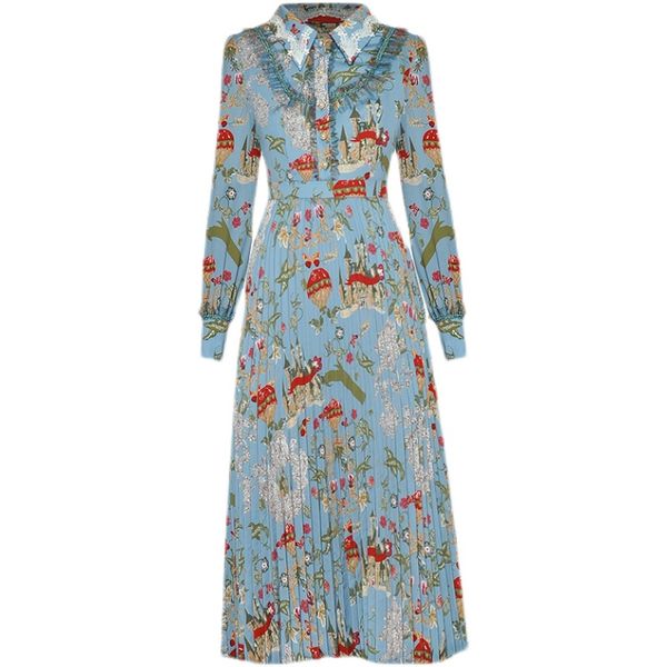 

lapel heavy industry beads diamond grenadine ruffled pleated vintage printed large swing dress 2021 early autumn new, Black;gray