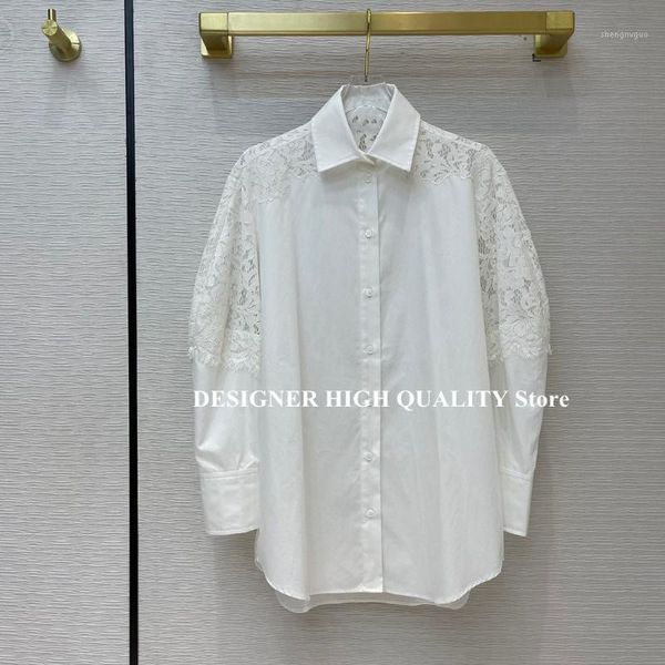 

fashion loose batwing sleeve lace embroidery patchwork white shirt women 2021 spring luxury cotton blouse long shirts women's blouses