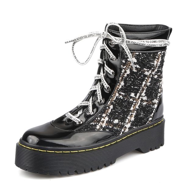 

patent leather knitting knitted wool small ankle high wind dwaterproof platform water verification women's boots xxir, Black