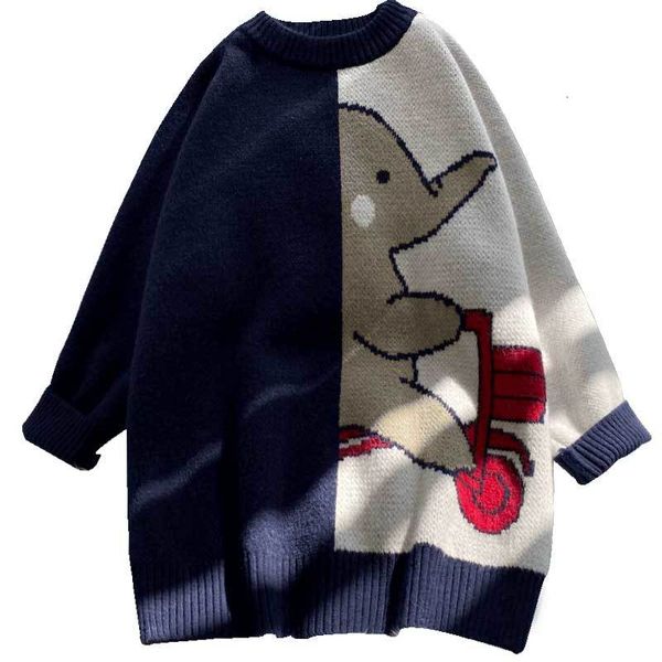 

2021 casual women sweater new autumn winter cute elephant cartoon patchwork color loose pullover female harajuku kawaii knitted lrk3, White;black