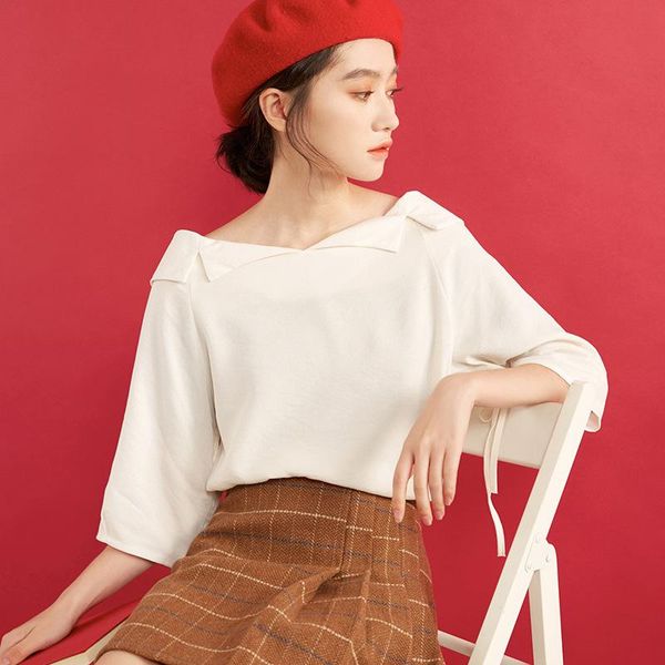 

women's blouses & shirts spring summer strapless chiffon shirt women white loose three quarter sleeve chic blouse girl slash neck korea