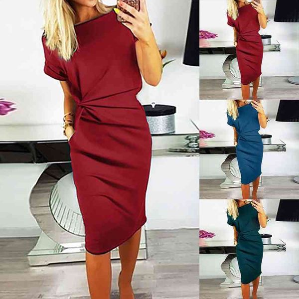 

slim fit dress women fashion elegant solid color o-neck short sleeve high waist casual partyclub vintage dress, Black;gray