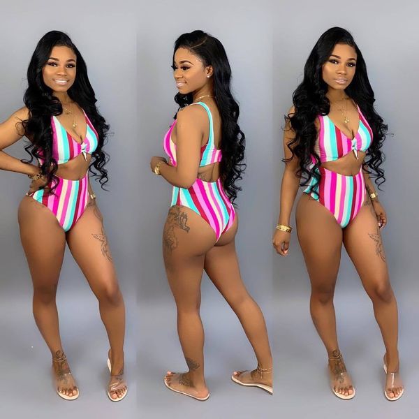 

women high waist two-piece beach swimwear fashion bikini set push-up bra vertical stripes quick-drying swimsuit plus size, Gray