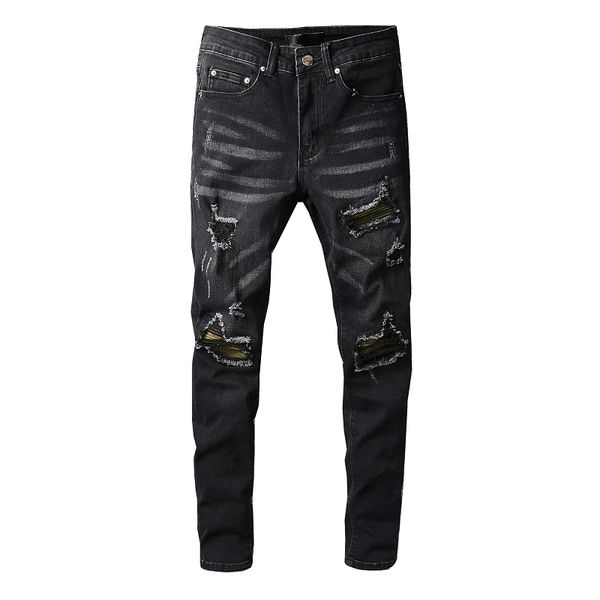 

fashion desiger long slim ripped hole out jeans washed black demin pants streetwear jeans, Blue