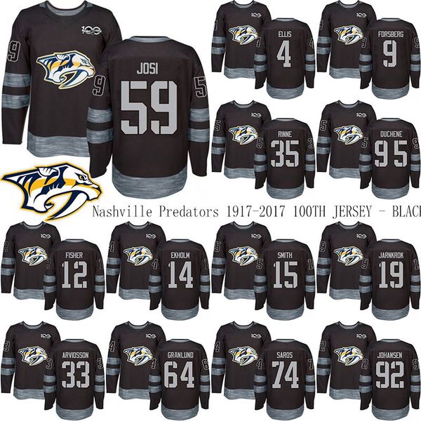 

nashville predators 1917-2017 100th anniversary black 59 roman josi 92 ryan johansen 9 filip forsberg 35 pekka rinne hockey jerseys, Black;red