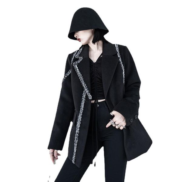 

women's wool & blends women loose fit black titched big size woolen coat parkas long sleeve fashion tide autumn winter
