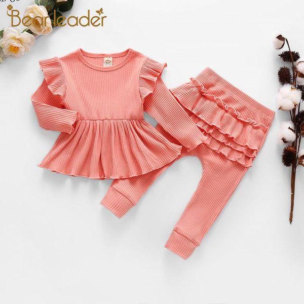 

clothing sets bear leader toddler baby girls ruffles fashion kids girl solid casual outfits spring and pants suits 2pcs, White