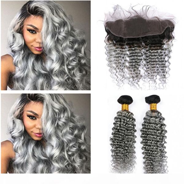 

dark root 1b grey ombre indian virgin human hair 2bundles deep wave weaves with 13x4 full lace frontal closure middle 3 part, Black