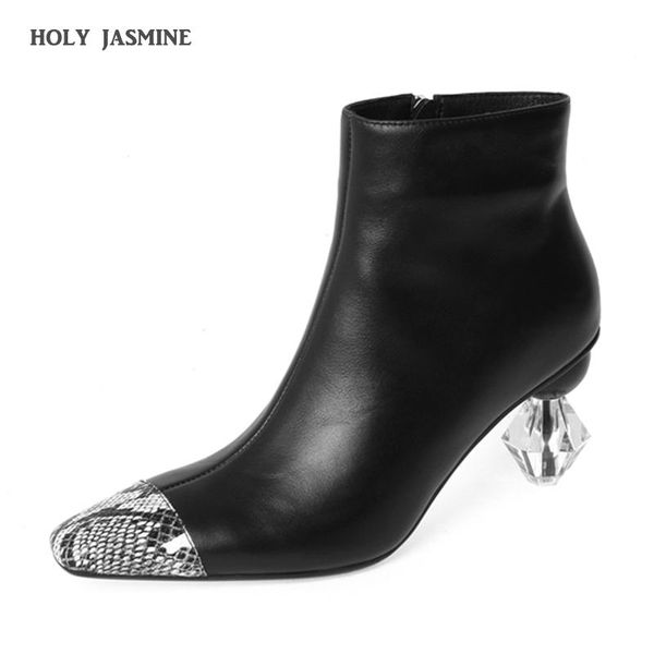 

boots 2021 genuine leather women's autumn single high-heeled korean version of crystal heel ankle pointed 7cm, Black