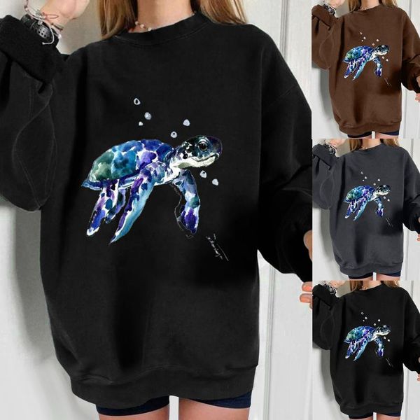

women's hoodies & sweatshirts protect marine life sea turtle print women animal drop-shoulder pullovers long sleeve fall woman graphic, Black