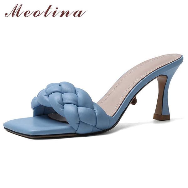 

meotina slippers women high heel slides square toe stiletto heel women shoes summer causal sandals ladies blue purple size 43 210608, Black