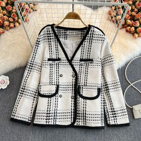 

women's jackets yizzhoy autumn winter women fashion temperament v-neck jacket double breasted small fragrance slim coat leisure suit to, Black;brown