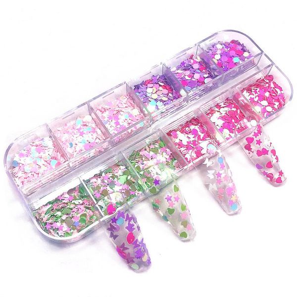 

nail art decorations 12grids love dots five-pointed star butterfly spring and summer sequins decoration slicing accessory tool design, Silver;gold