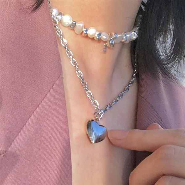 

pendant necklaces origin summer vintage double-layer freshwater pearl necklace for women heart bead chunky chain metal jewelry, Silver