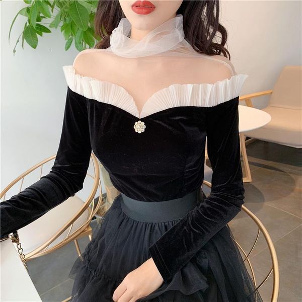 

2021 new women vintage velour bottoming shirt mesh spliced slim ladies long sleeve female velvet shirts blouses, White