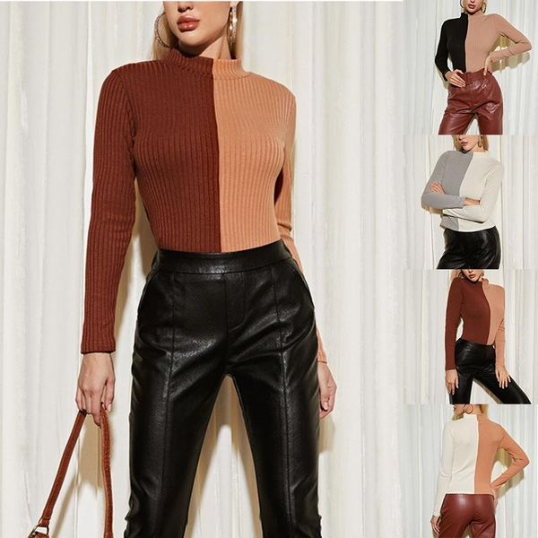 

women's t-shirt half high neck ladies spring and autumn color matching fashion slim long-sleeve, White