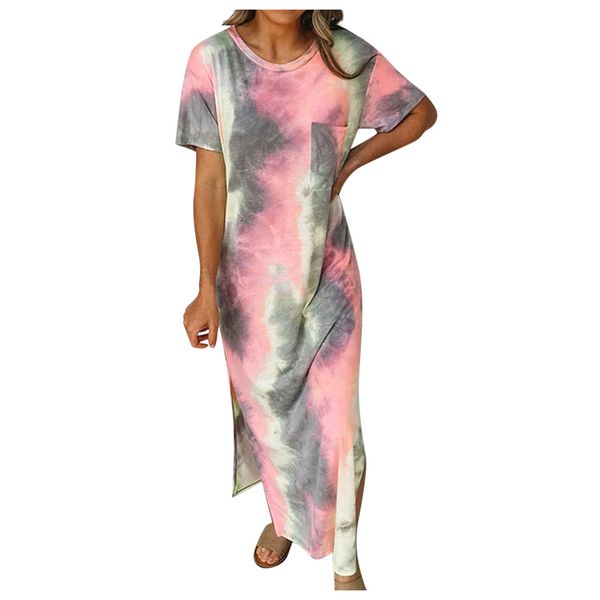 

2021 women summer dresses ladies fashion casual tie-dye printed split short sleeve maxi dress party beach sundress, Black;gray