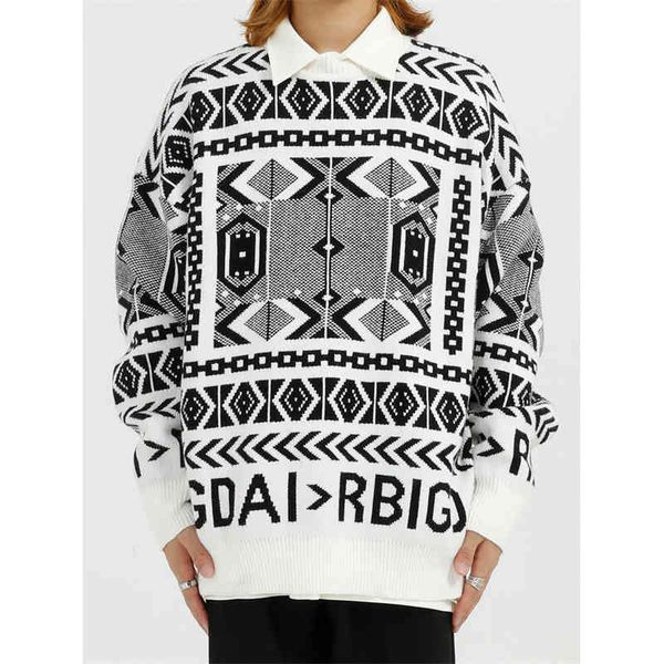 

vintage geometric grain printed pullovers brand fashion autumn streetwear classic clothing oversized men sweater, White;black