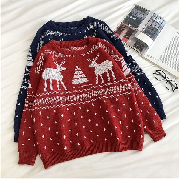 

2021 women oversized pullover sweaters autumn winter cute fawn argyle sweater woman long sleeved red christmas knitted u7z9, White;black