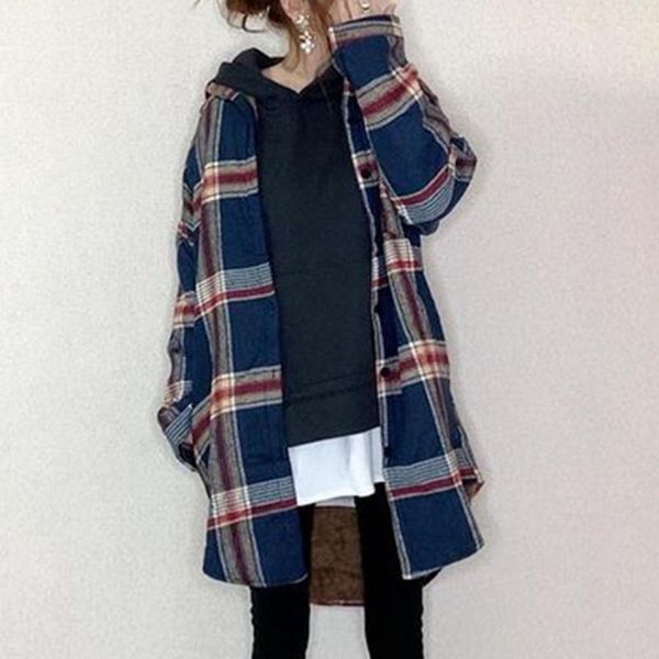 

women's blouses & shirts women lattice oversized shirt ladies blouse long sleeve female clothes grid coat for woman korean fashion 202, White