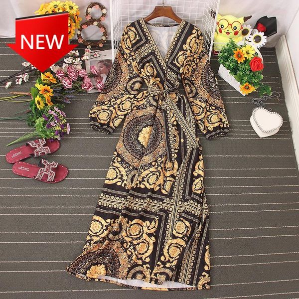 

casual dresses autumn all-match dress with waist and thin temperament long-sleeved floral v-neck female, Black;gray