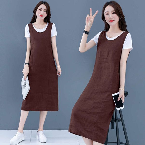 

light luxury 2020 cotton hemp dress women's new summer style in with slim back belt skirt, Black;gray