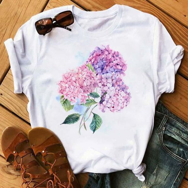 

women's t-shirt fashion women t shirt hydrangea flower tshirt kawaii tee s harajuku short sleeve casual fuuny female clothes, White