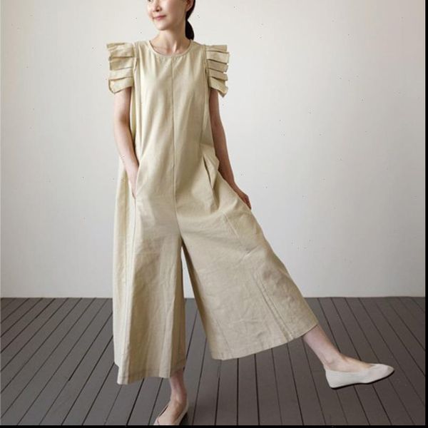 

ewq] 2021 summer new o neck loose cotton linen casual women khaki wide leg overalls folds ruffles jumpsuits qv10204, Black;white