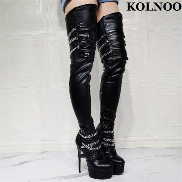 

boots kolnoo classic handmade ladies over knee buckles chains platform thigh-high evening fashion winter shoes, Black
