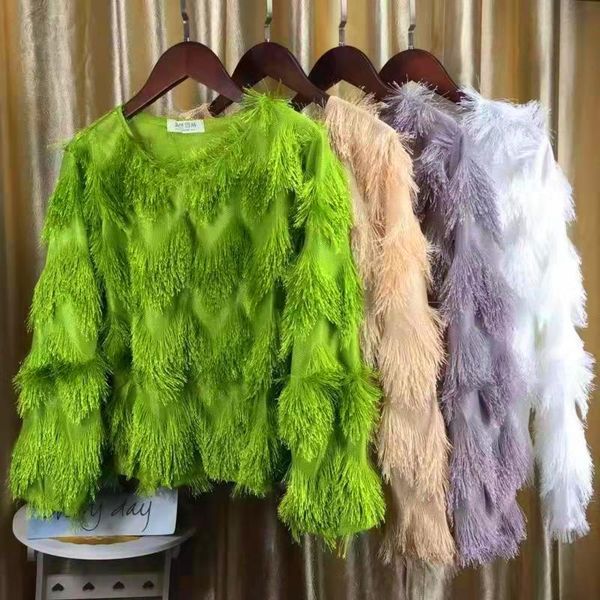 

women's blouses & shirts korean spring tasseles women 2021 round neck designed casual elegant furry solid color blouse female blusas, White