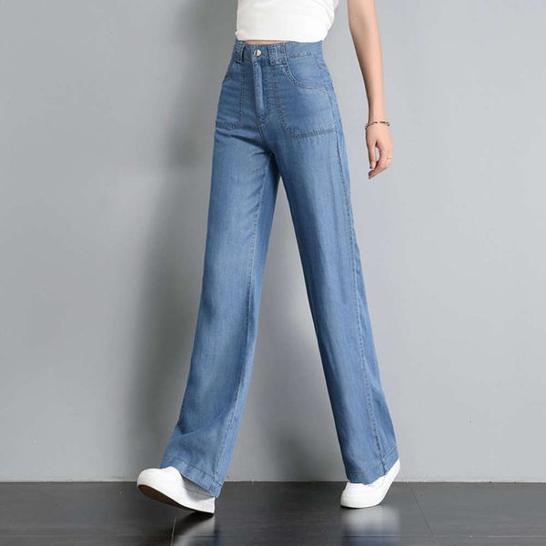 

hip hop leg high waist tencel wide jeans thin summer new long large size loose slim women's casual pants k, Blue